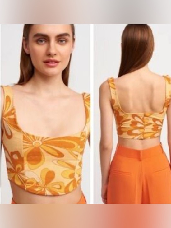 Zara Tops - Zara Women’s Gold Floral Jacquard Corset Style Sleeveless Cropped Top, Medium